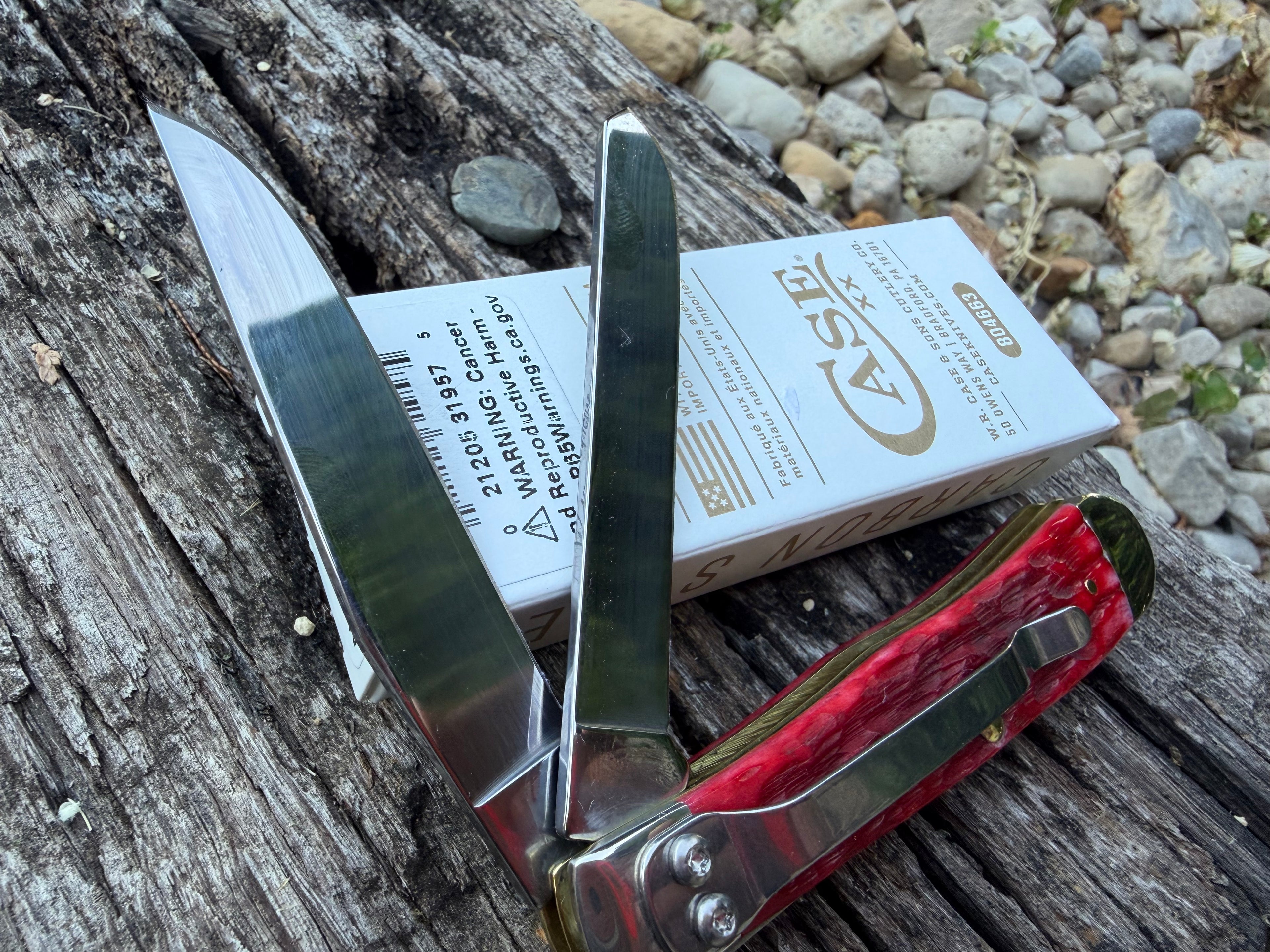 Case XX #31957 - Trapper - Peach Seed Jig Dark Red Bone with Pocket Clip